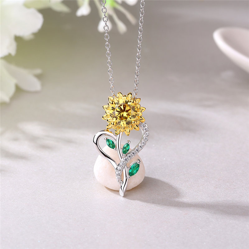 You Are My Sunshine Round Citrine Yellow Sterling Silver Sunflower Necklace