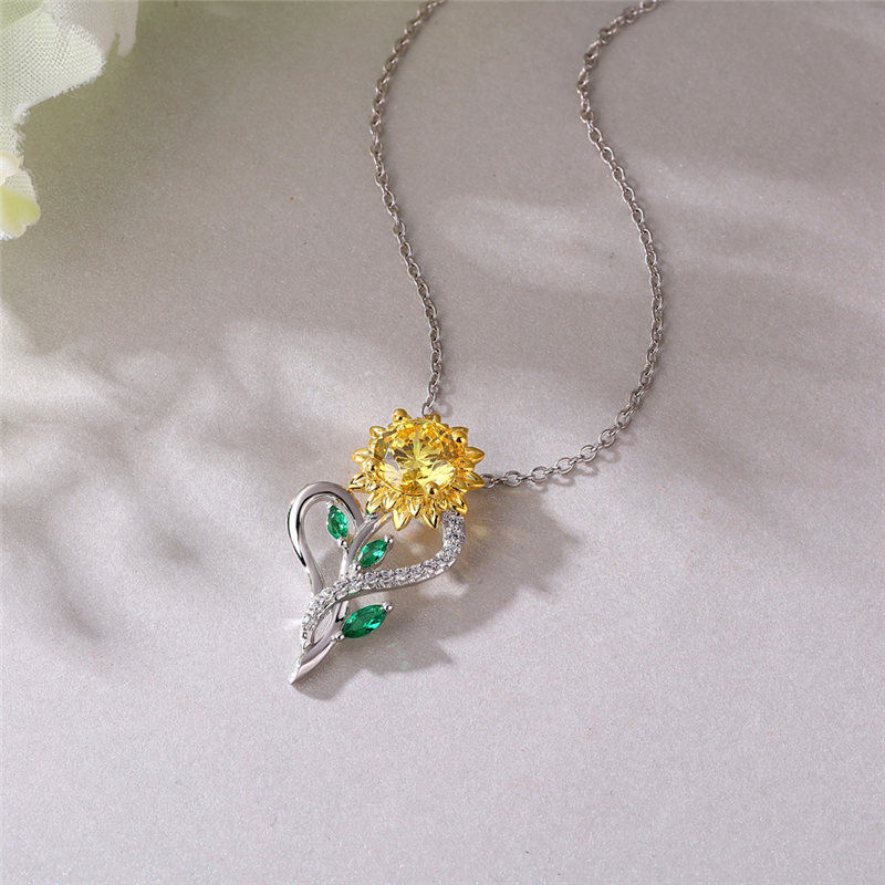 You Are My Sunshine Round Citrine Yellow Sterling Silver Sunflower Necklace