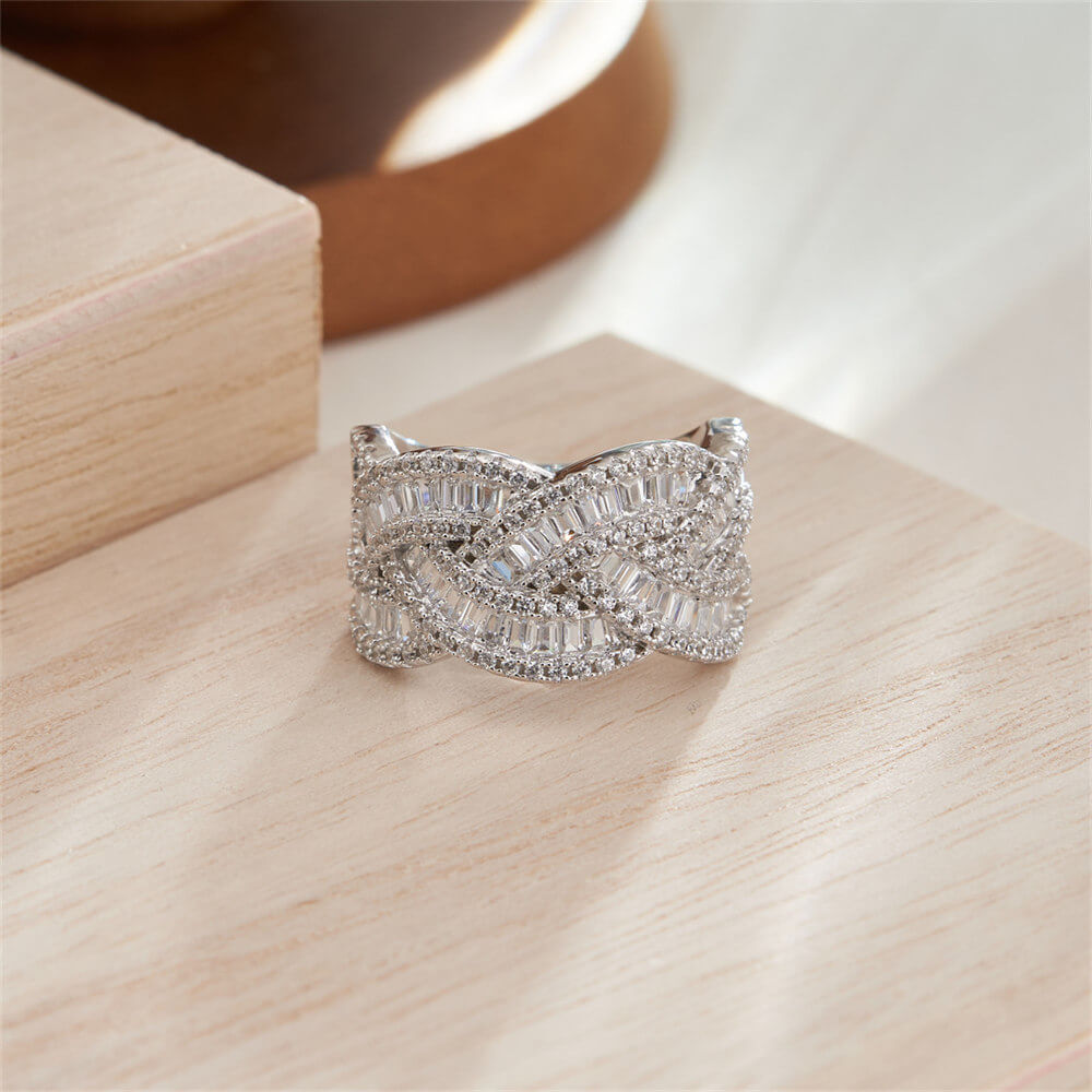 Baguette Cut Diamond White Interwoven Wave Twisted 925 Sterling Silver Women's Band