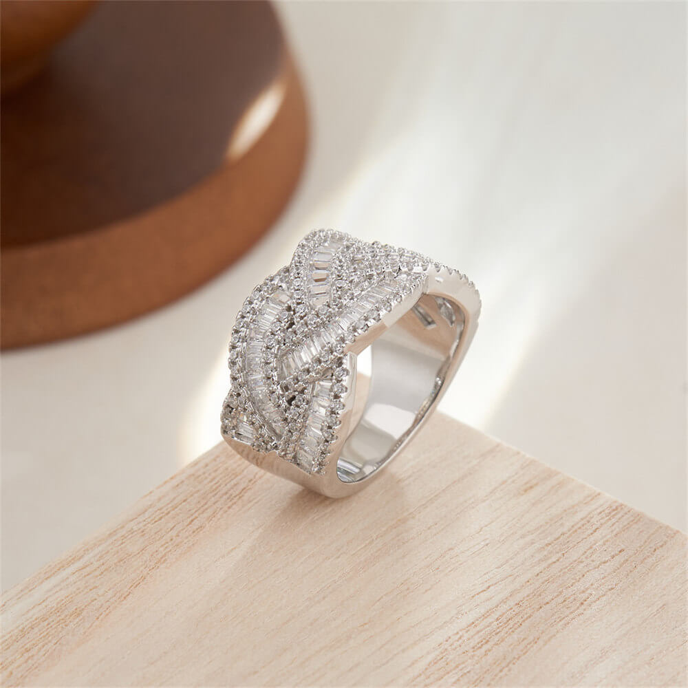 Baguette Cut Diamond White Interwoven Wave Twisted 925 Sterling Silver Women's Band