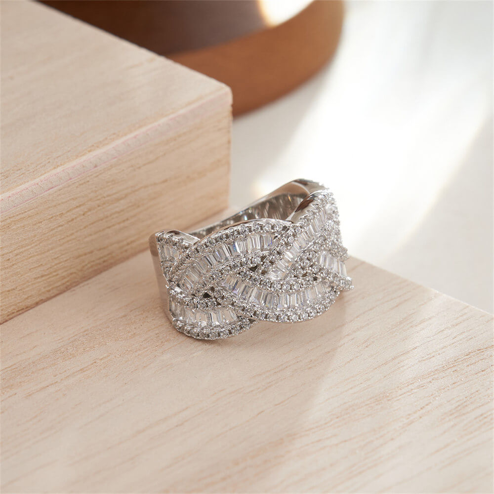 Baguette Cut Diamond White Interwoven Wave Twisted 925 Sterling Silver Women's Band
