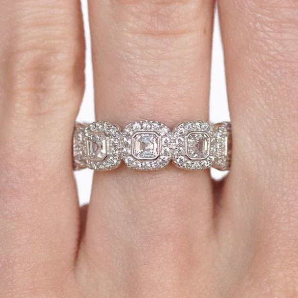 Asscher Cut Diamond White And Sapphire Blue Sterling Silver Stackable Eternity Wedding Bands Set