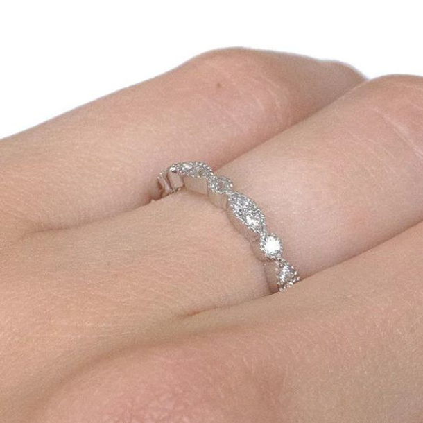 Asscher Cut Diamond White And Sapphire Blue Sterling Silver Stackable Eternity Wedding Bands Set