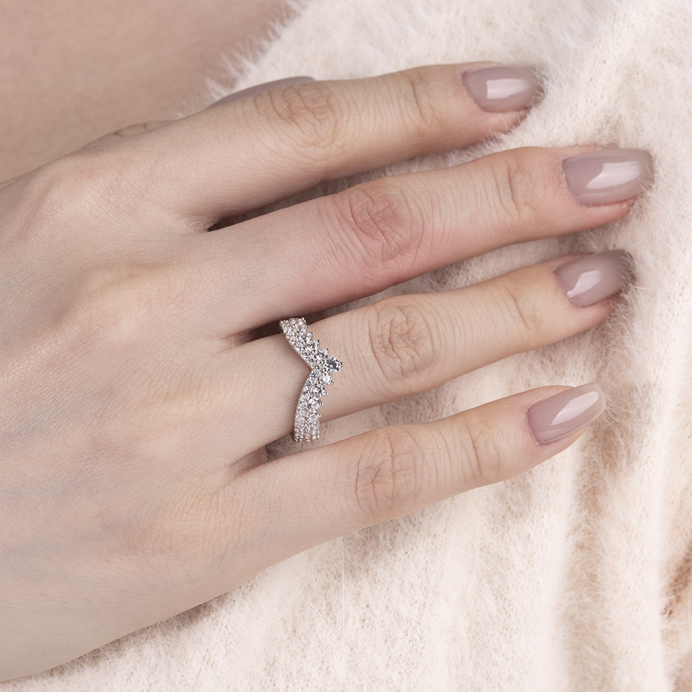 Round Cut Diamond White Curved 925 Sterling Silver Crown Women's Band