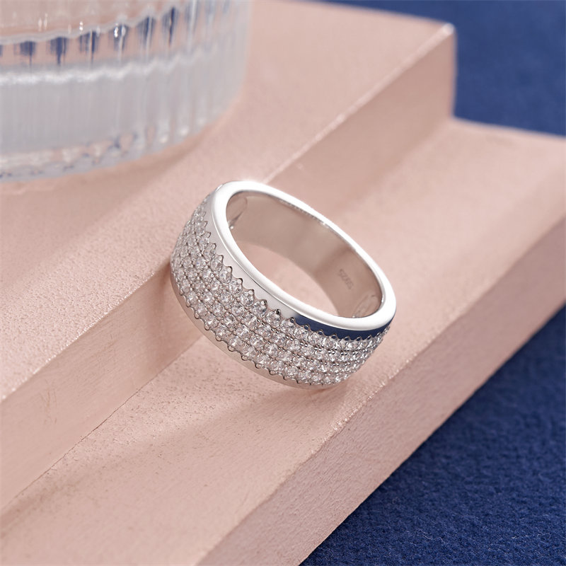 8.5 mm Round Cut Diamond White Multi-Row Pavé 925 Sterling Silver Women's Band Ring
