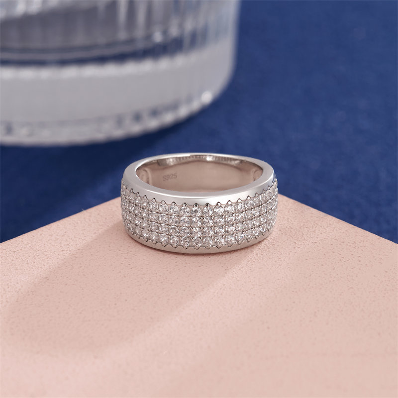 8.5 mm Round Cut Diamond White Multi-Row Pavé 925 Sterling Silver Women's Band Ring