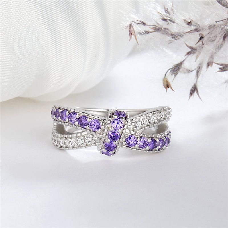 Round Cut Amethyst Purple and Diamond White Infinity Knot Women's Promise Ring