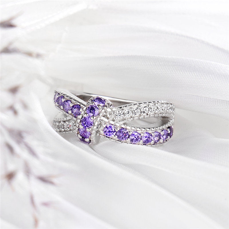 Round Cut Amethyst Purple and Diamond White Infinity Knot Women's Promise Ring