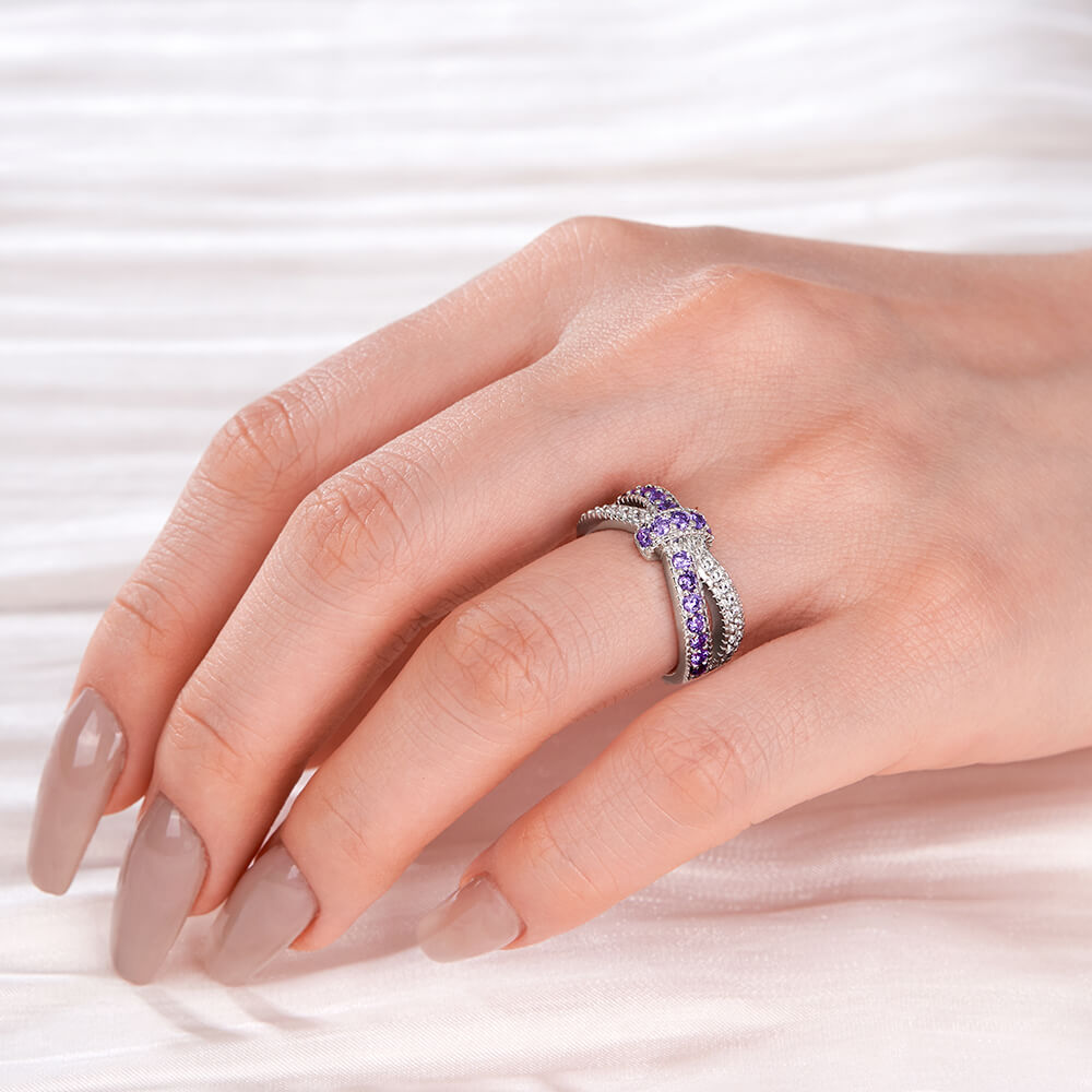 Round Cut Amethyst Purple and Diamond White Infinity Knot Women's Promise Ring