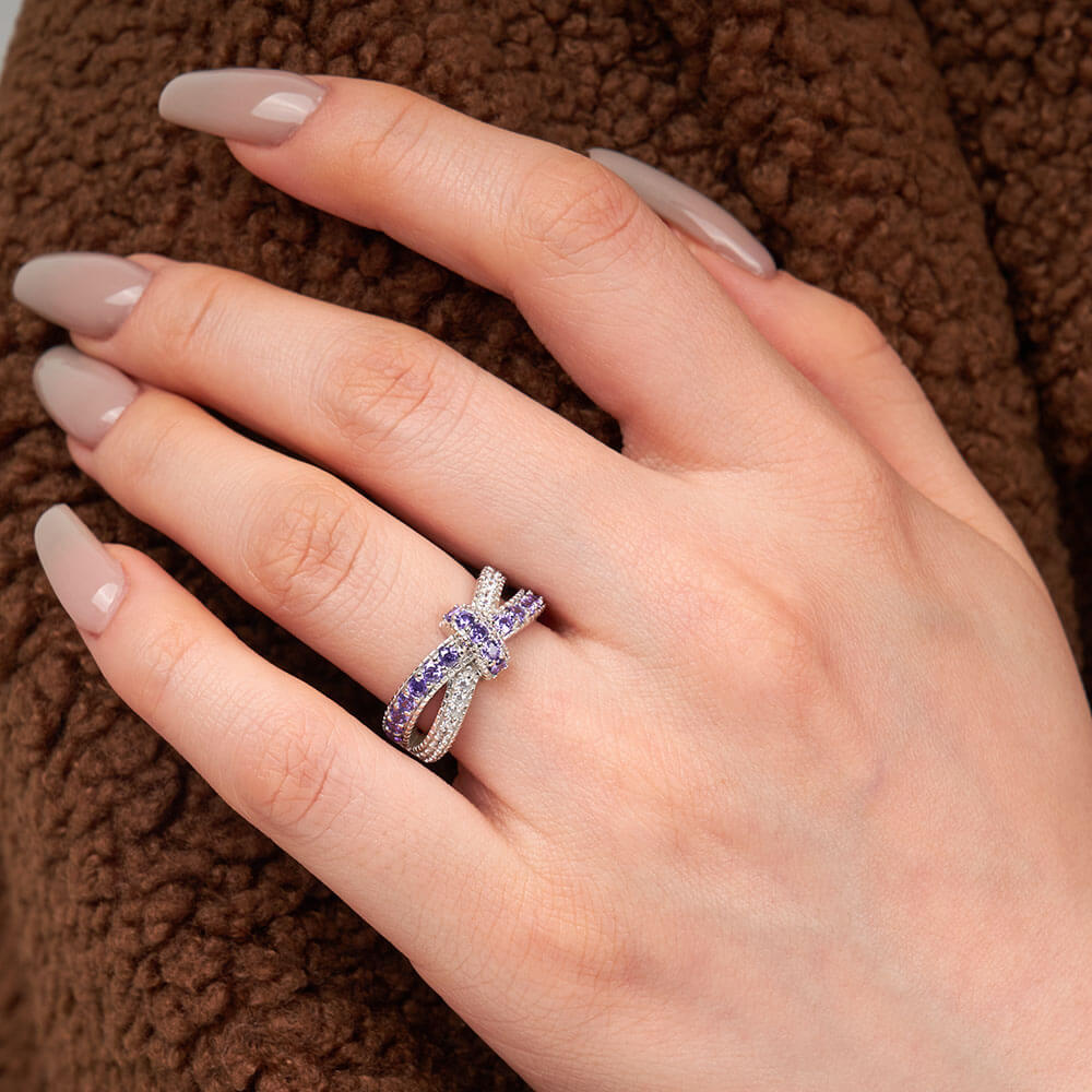 Round Cut Amethyst Purple and Diamond White Infinity Knot Women's Promise Ring