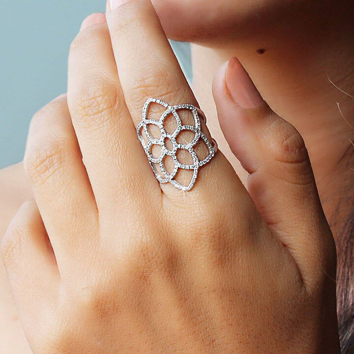 Vintage Round Cut Diamond White Sterling Silver Hollow Lace Women's Ring