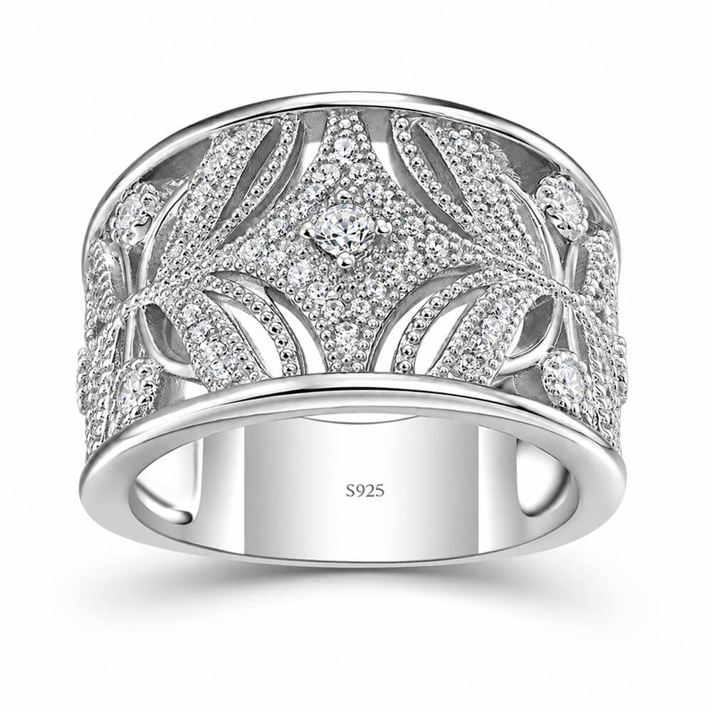 Round Cut Diamond White 925 Sterling Silver Art Deco Floral Women's Band