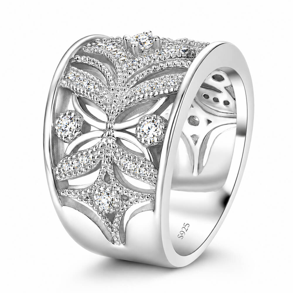 Round Cut Diamond White 925 Sterling Silver Art Deco Floral Women's Band