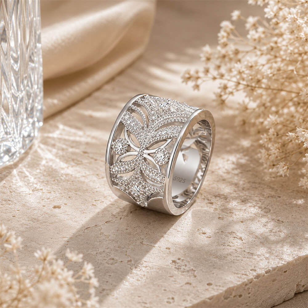 Round Cut Diamond White 925 Sterling Silver Art Deco Floral Women's Band