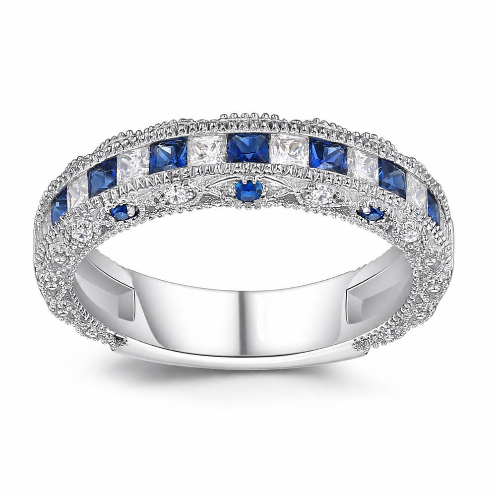 Princess Cut Diamond White & Sapphire Blue Curved 925 Sterling Silver Eternity Women's Band