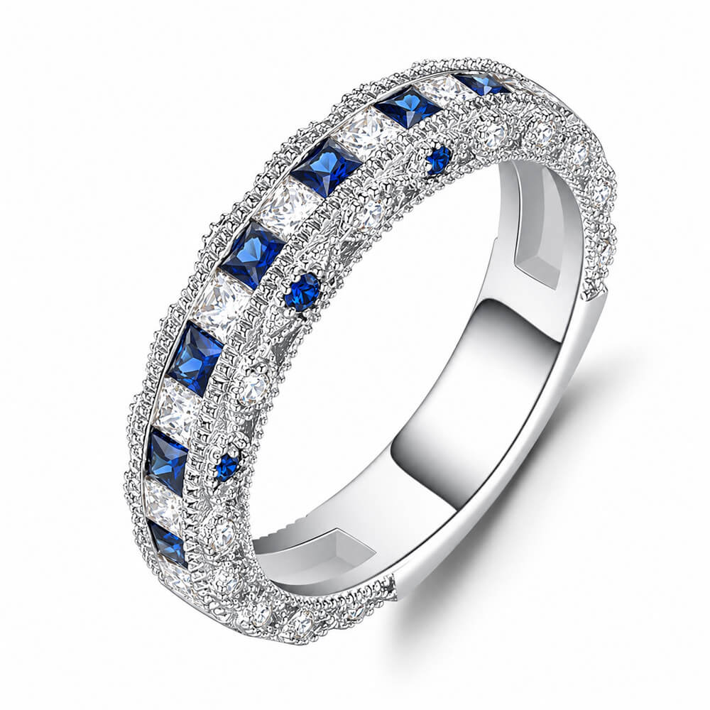 Princess Cut Diamond White & Sapphire Blue Curved 925 Sterling Silver Eternity Women's Band