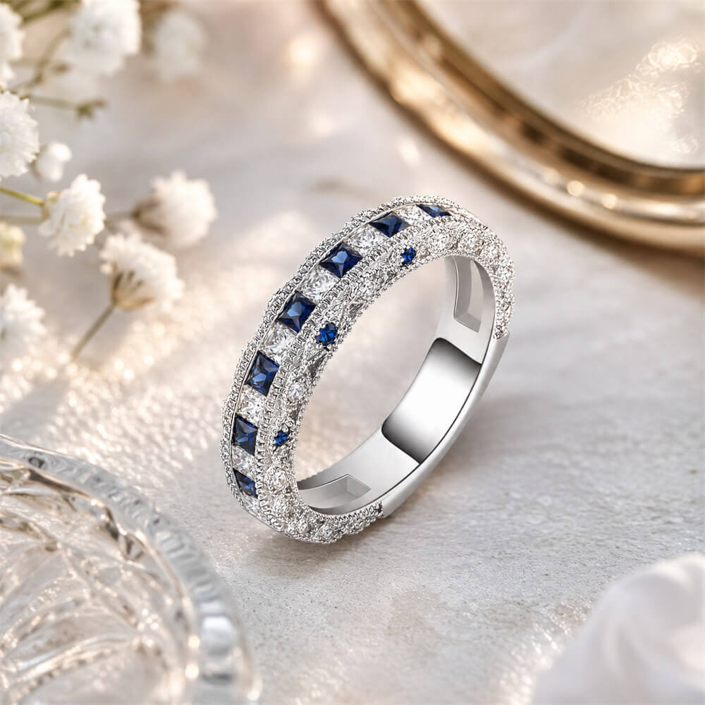 Princess Cut Diamond White & Sapphire Blue Curved 925 Sterling Silver Eternity Women's Band