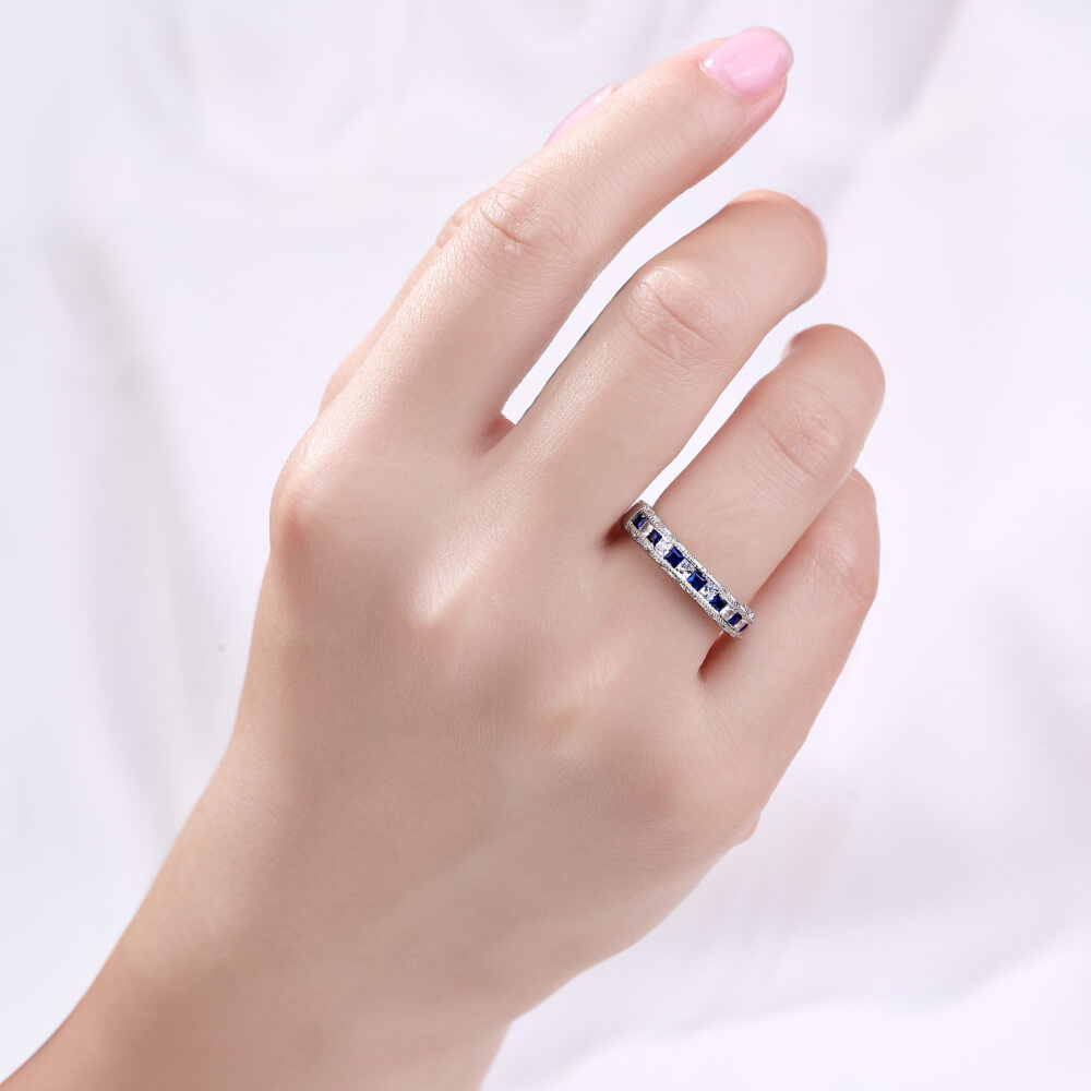 Princess Cut Diamond White & Sapphire Blue Curved 925 Sterling Silver Eternity Women's Band