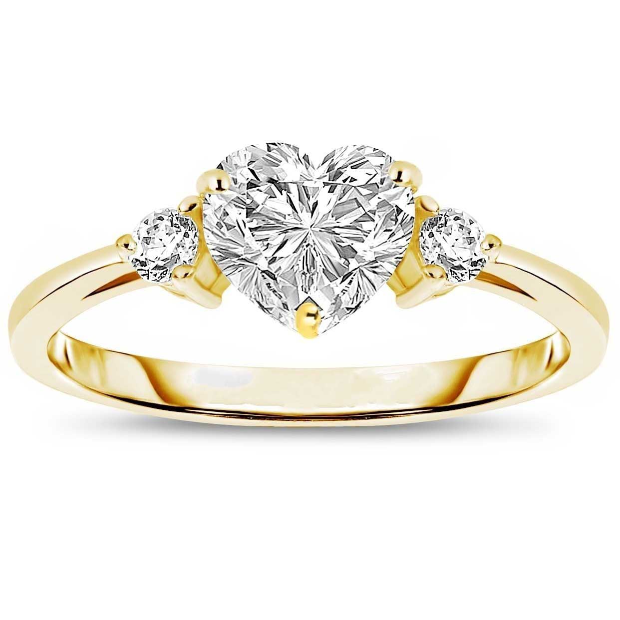Gold Heart Cut Diamond White 3-Stone 925 Sterling Silver Ring