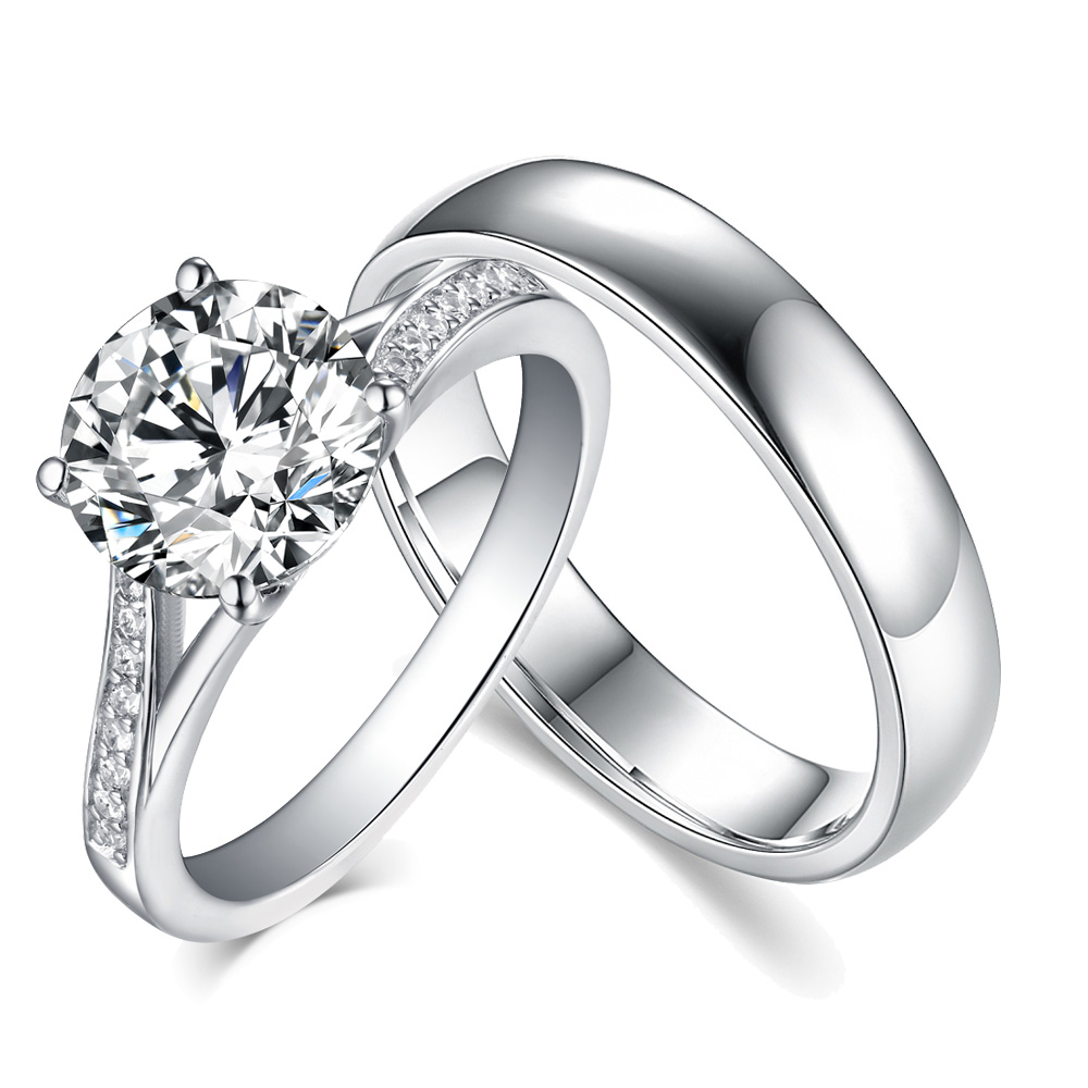 Round Diamond White Sterling Silver Couple Rings