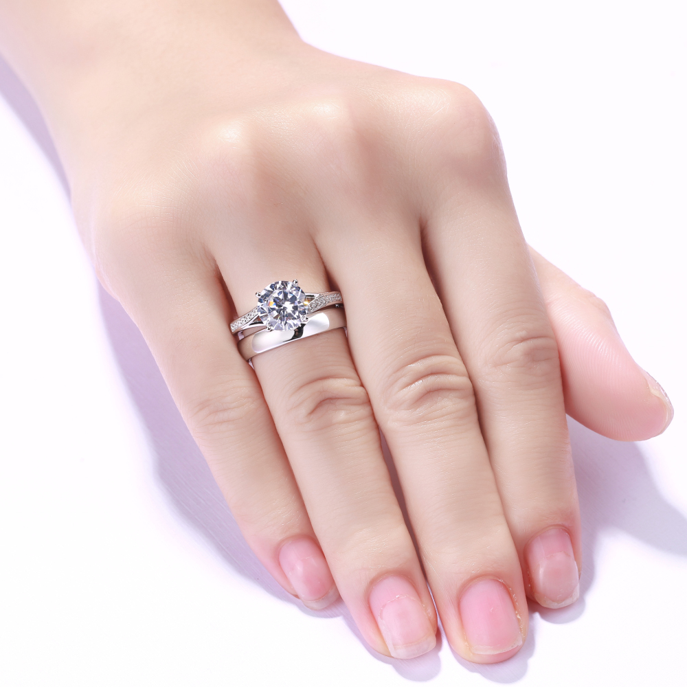 Round Diamond White Sterling Silver Couple Rings