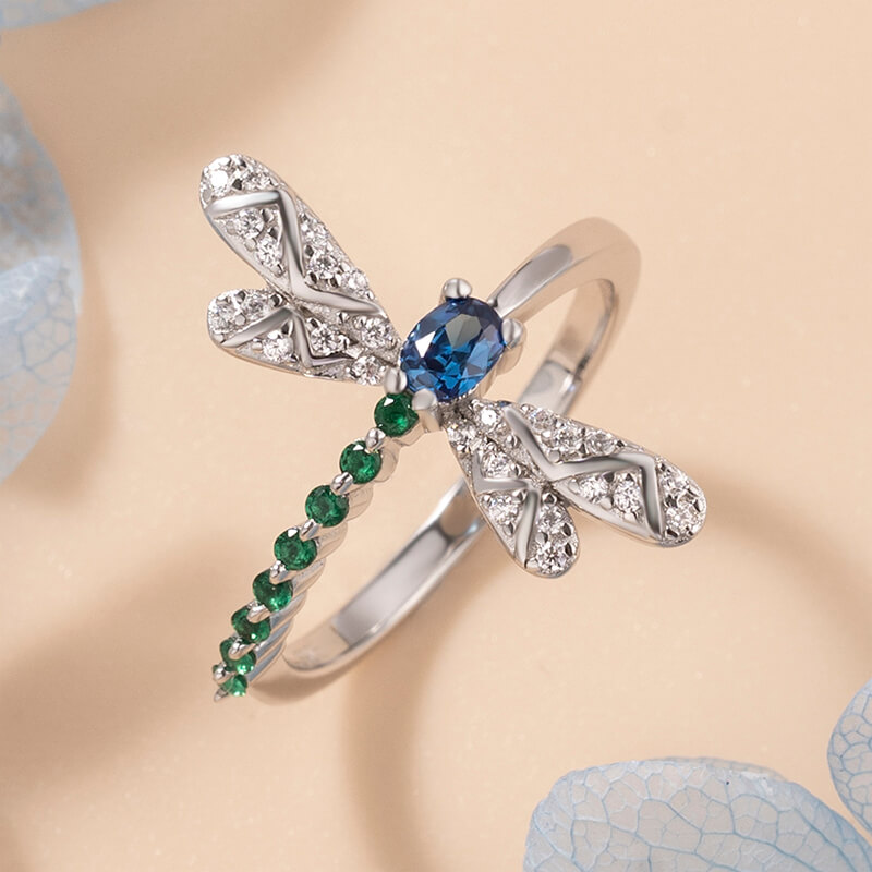 Blue Sapphire and Emerald 925 Sterling Silver Dragonfly Ring
