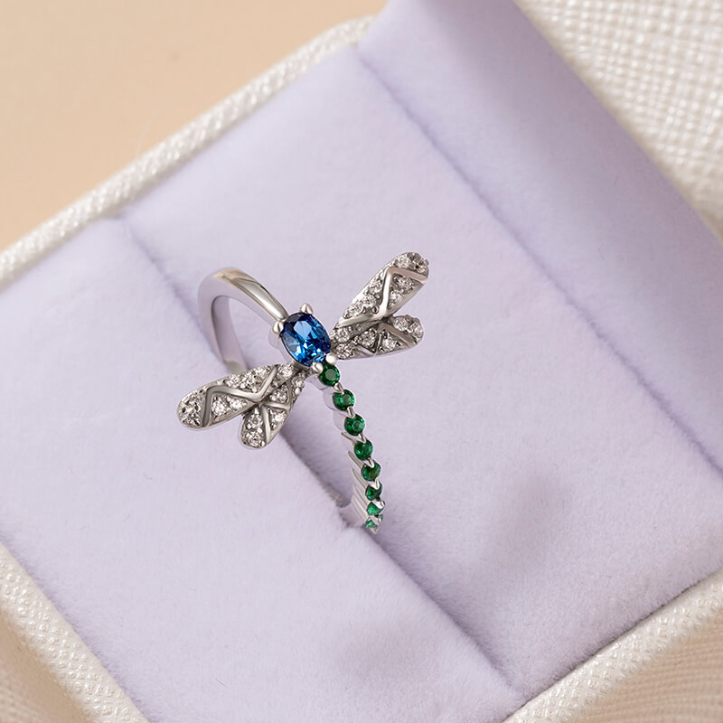 Blue Sapphire and Emerald 925 Sterling Silver Dragonfly Ring