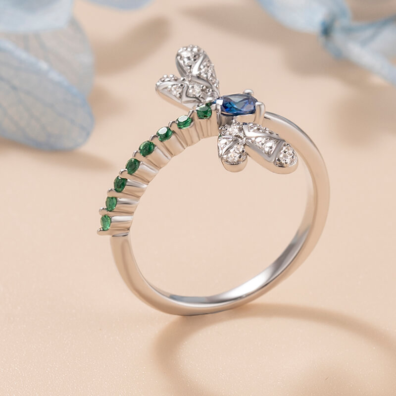 Blue Sapphire and Emerald 925 Sterling Silver Dragonfly Ring