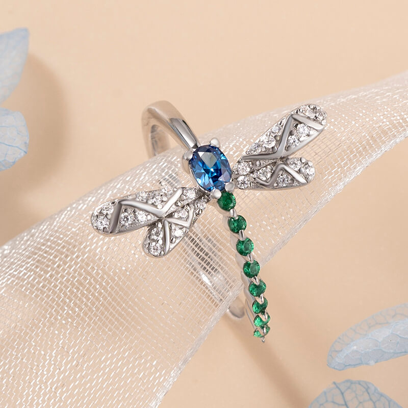 Blue Sapphire and Emerald 925 Sterling Silver Dragonfly Ring