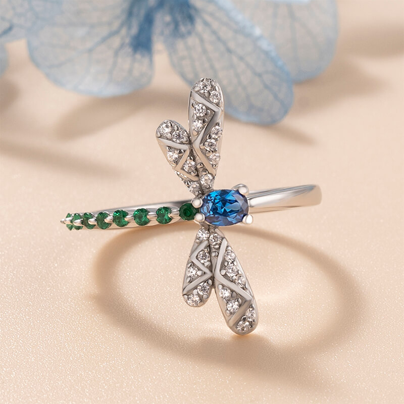 Blue Sapphire and Emerald 925 Sterling Silver Dragonfly Ring