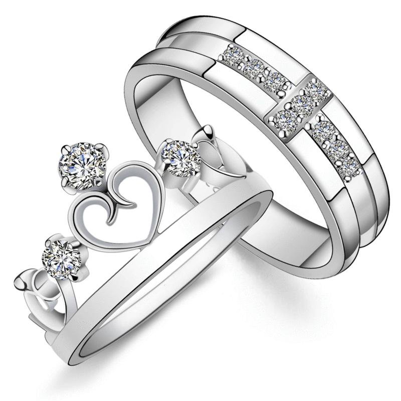 Crown & Cross Round Cut Diamond White Sterling Silver Couple Rings