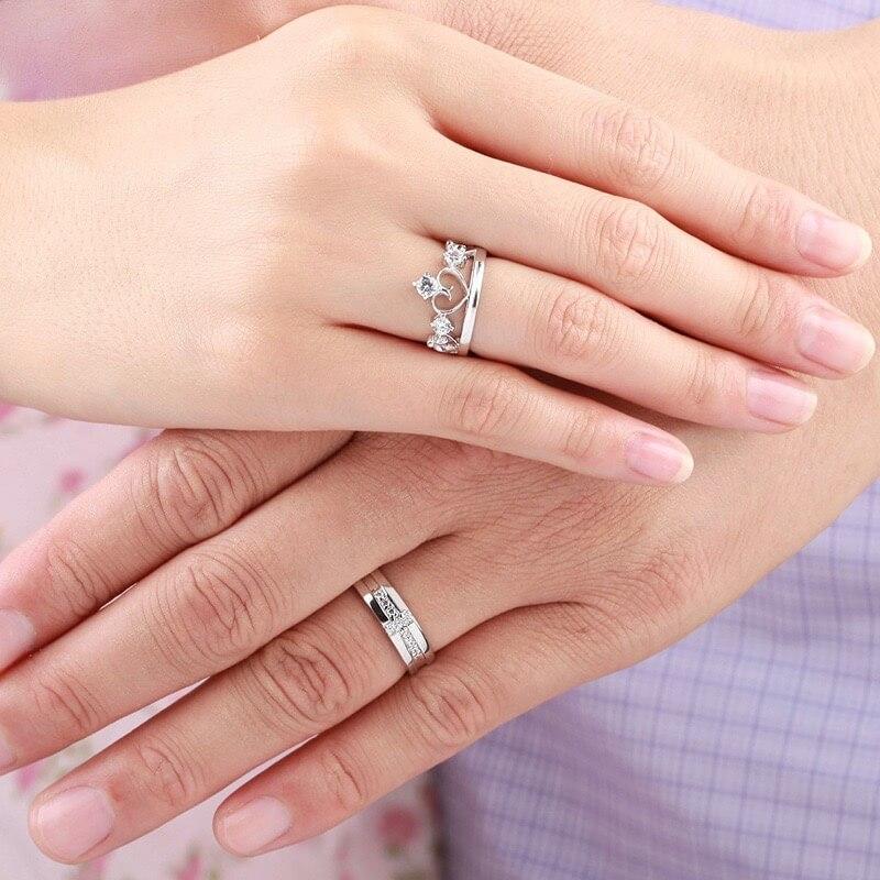 Crown & Cross Round Cut Diamond White Sterling Silver Couple Rings
