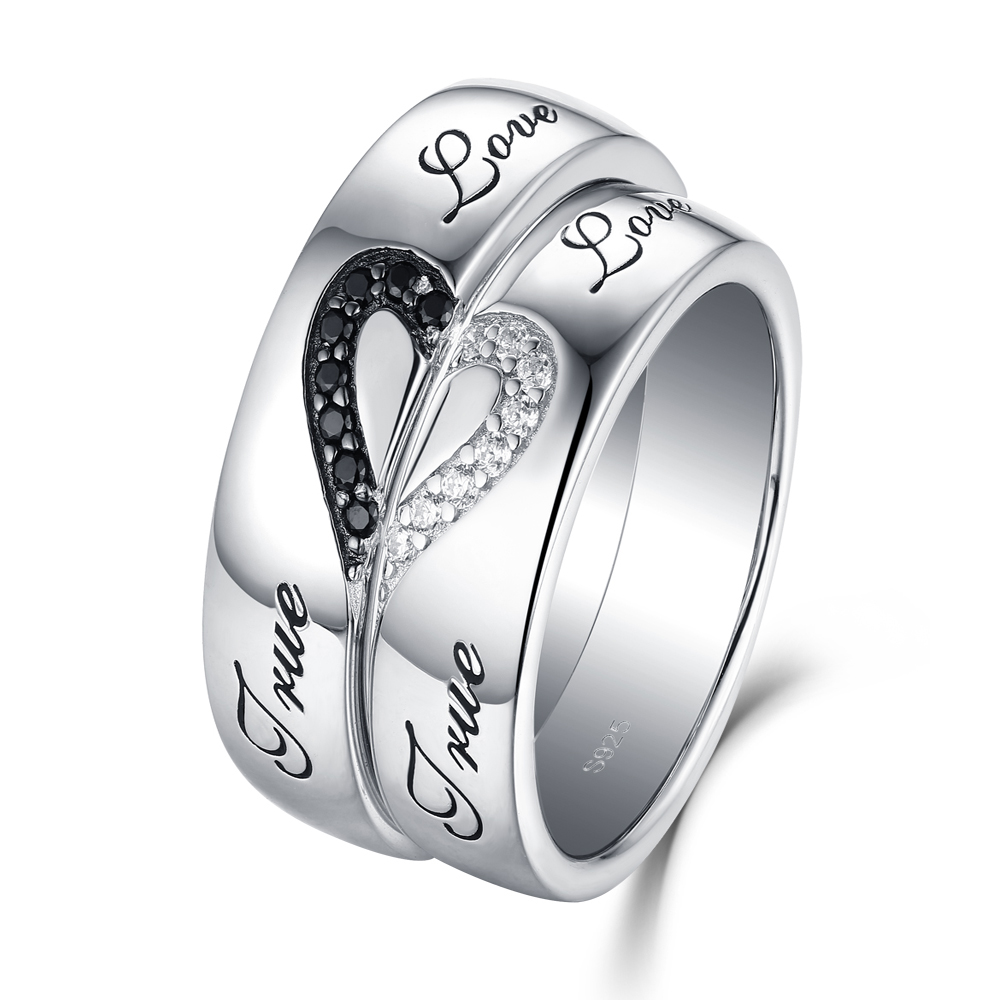 True Love White and Black Gemstone Sterling Silver Couple Rings