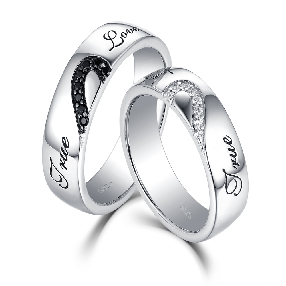 True Love White and Black Gemstone Sterling Silver Couple Rings