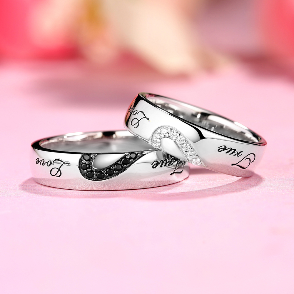 True Love White and Black Gemstone Sterling Silver Couple Rings
