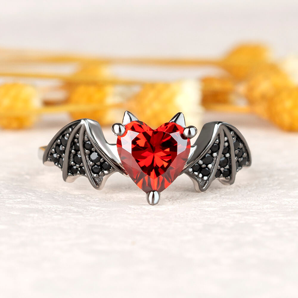 Heart Cut Ruby Red Sterling Silver Bat Ring 