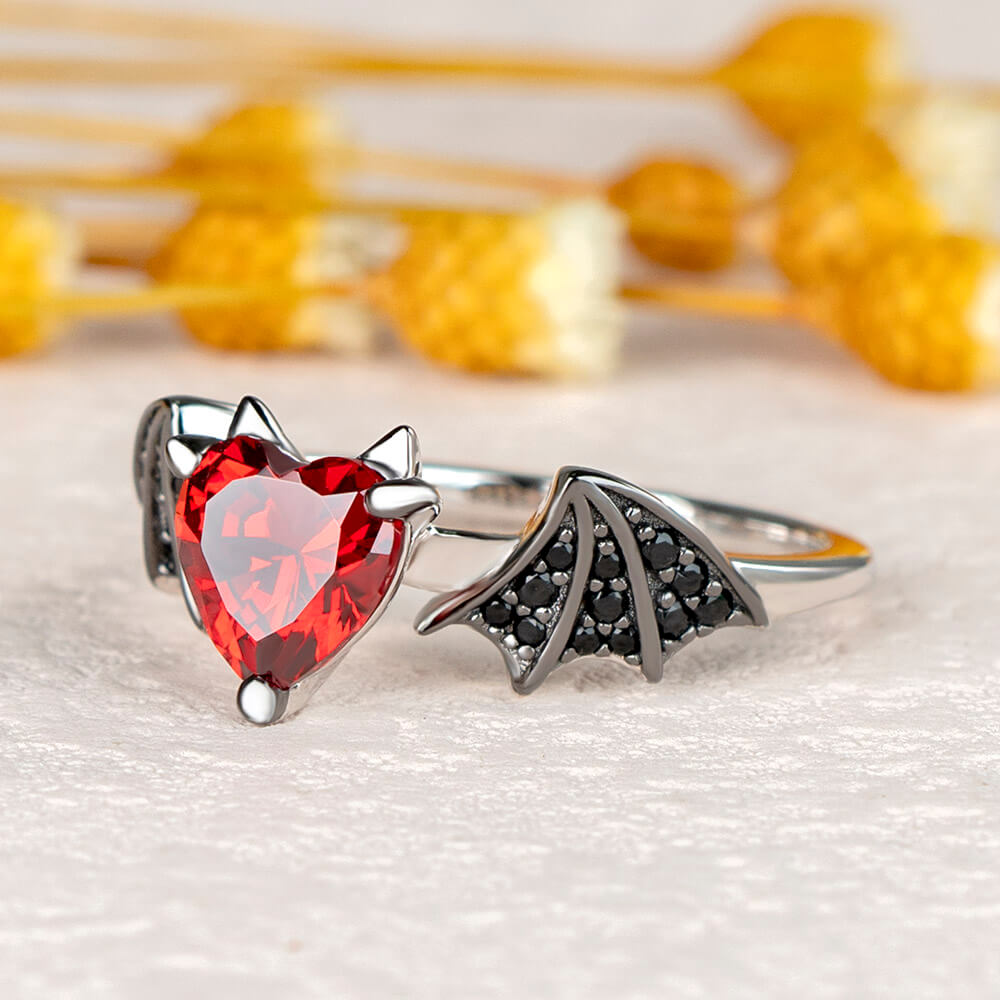 Heart Cut Ruby Red Sterling Silver Bat Ring 