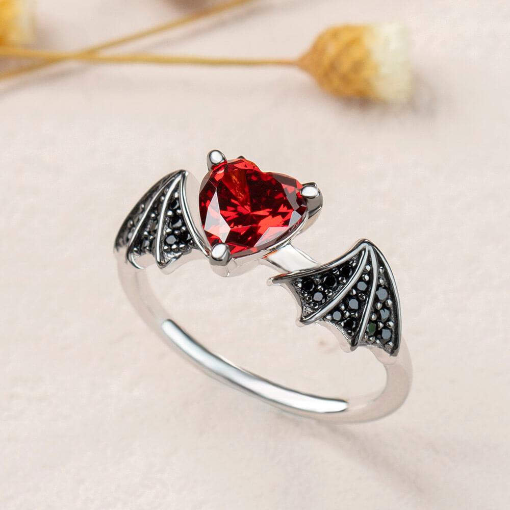 Heart Cut Ruby Red Sterling Silver Bat Ring 
