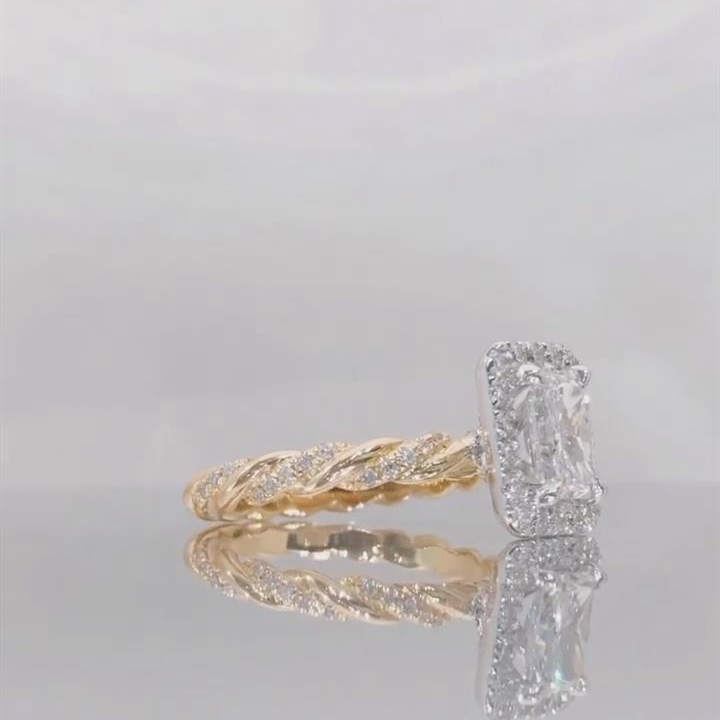 Radiant Cut Diamond White Sterling Silver Yellow Gold Twisted Halo Engagement Ring