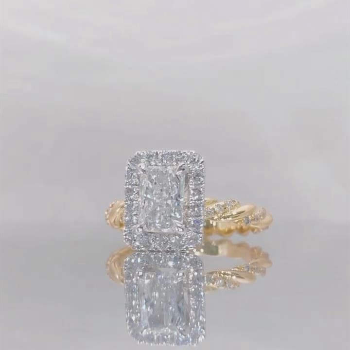 Radiant Cut Diamond White Sterling Silver Yellow Gold Twisted Halo Engagement Ring