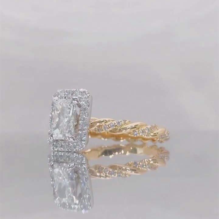 Radiant Cut Diamond White Sterling Silver Yellow Gold Twisted Halo Engagement Ring