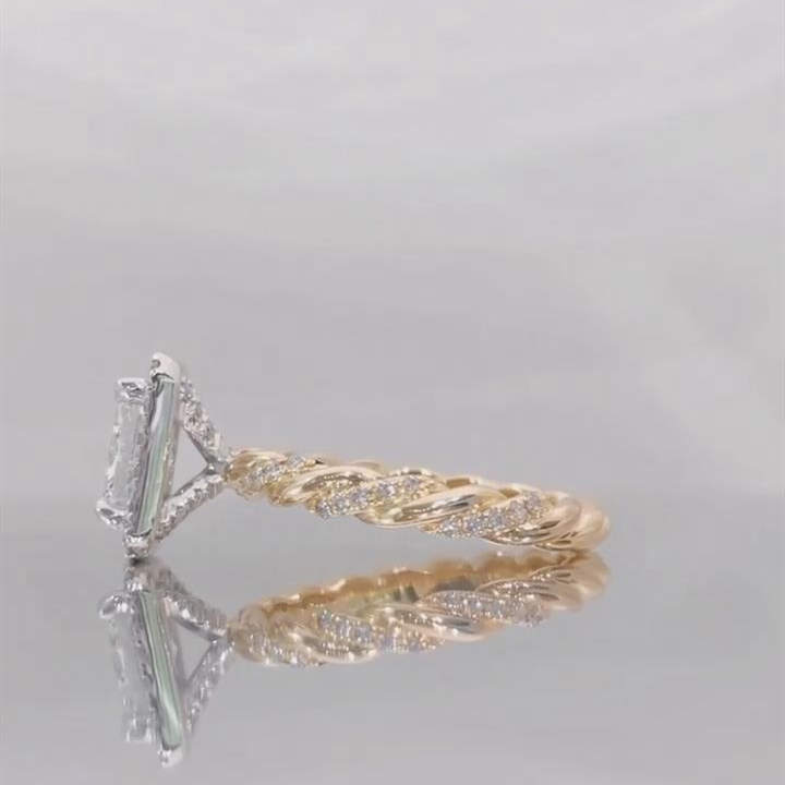 Radiant Cut Diamond White Sterling Silver Yellow Gold Twisted Halo Engagement Ring