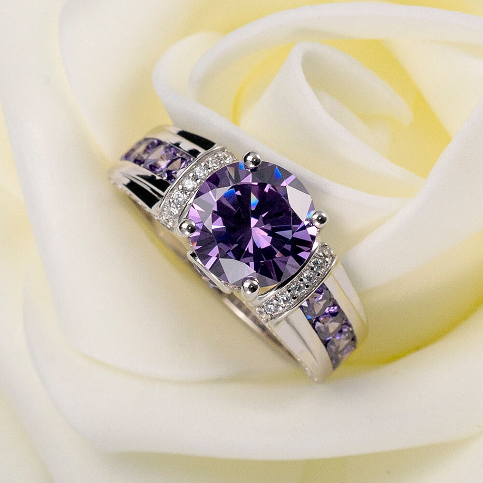 Round Cut Amethyst Purple 925 Sterling Silver Engagement Ring