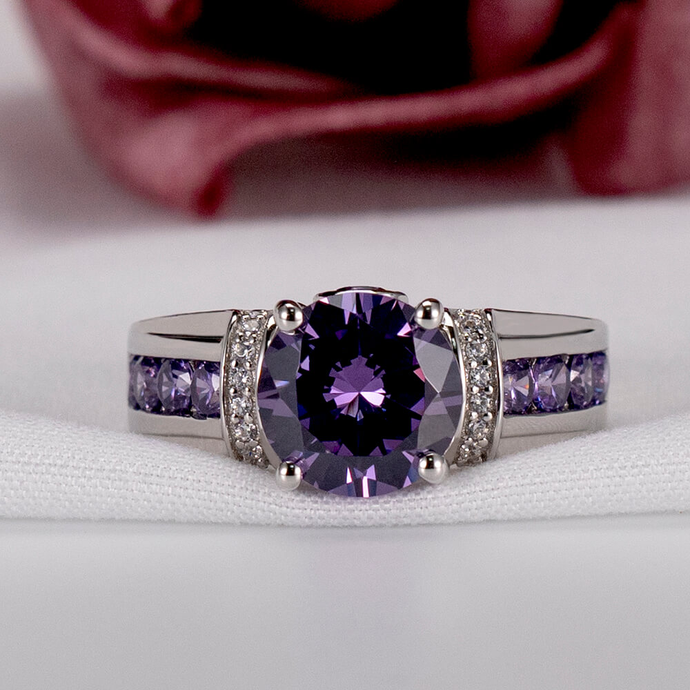 Round Cut Amethyst Purple 925 Sterling Silver Engagement Ring