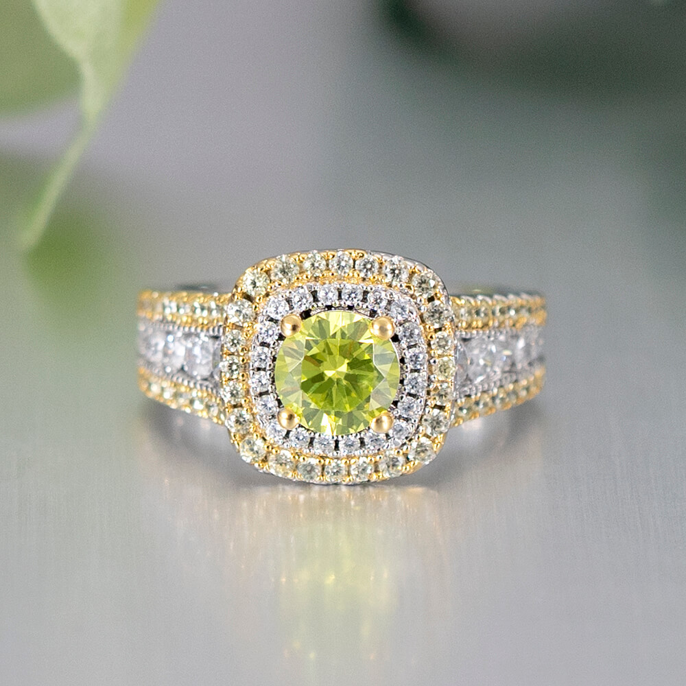 Two-Tone Round Cut Peridot Green 925 Sterling Silver Double Halo Engagement Ring