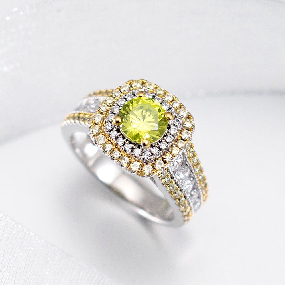 Two-Tone Round Cut Peridot Green 925 Sterling Silver Double Halo Engagement Ring