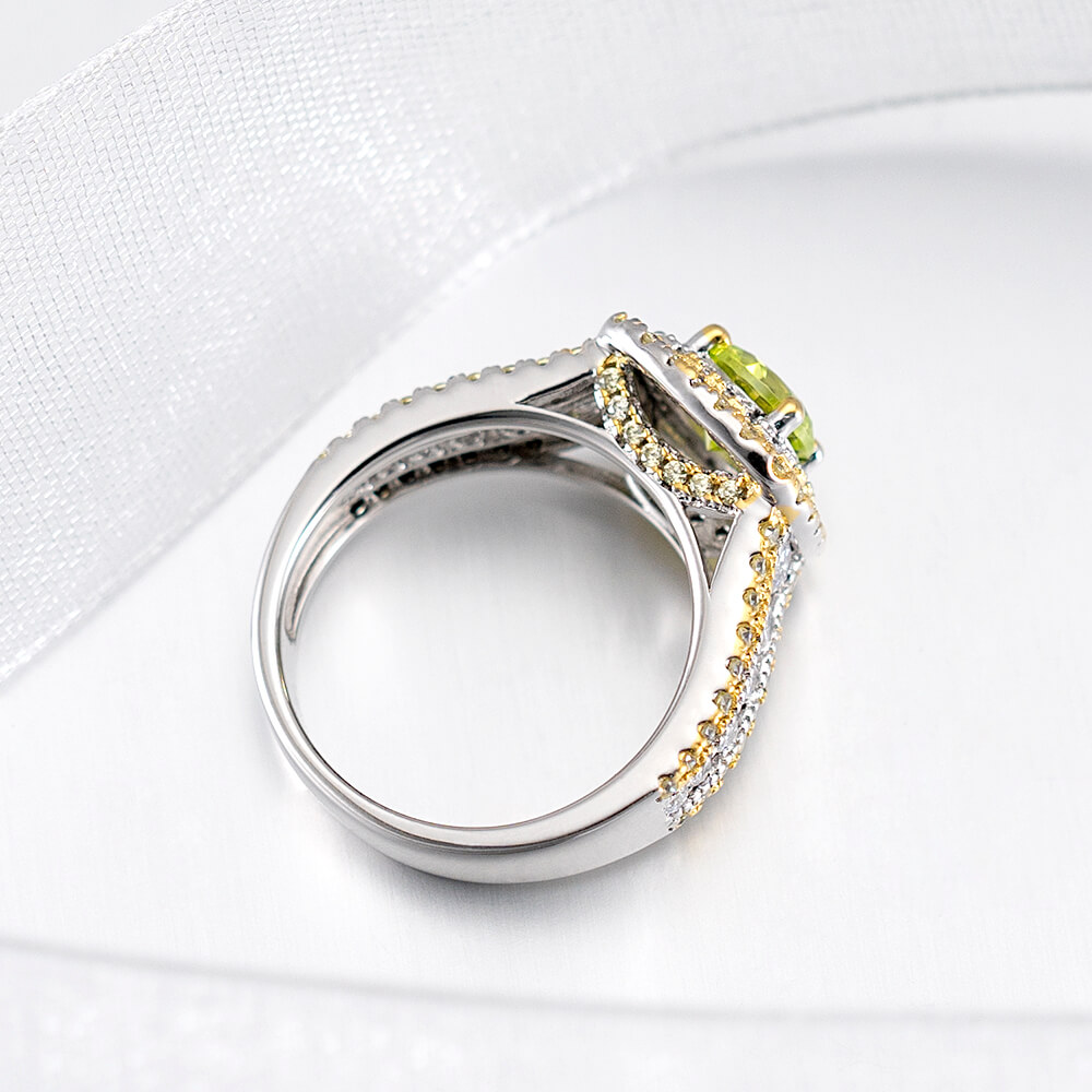 Two-Tone Round Cut Peridot Green 925 Sterling Silver Double Halo Engagement Ring