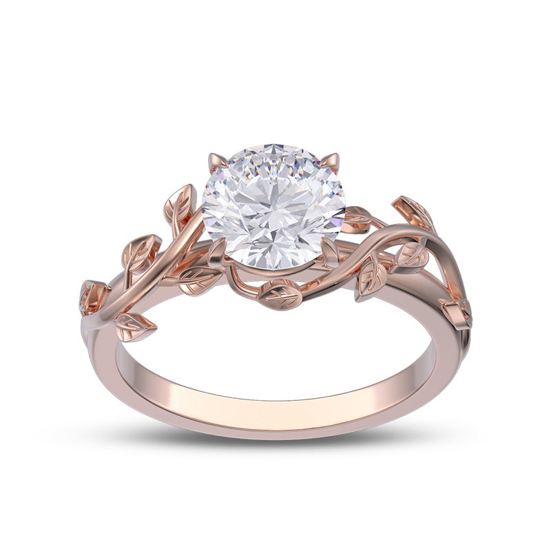 Round Cut Diamond White 925 Sterling Silver Leaves Engagement Ring