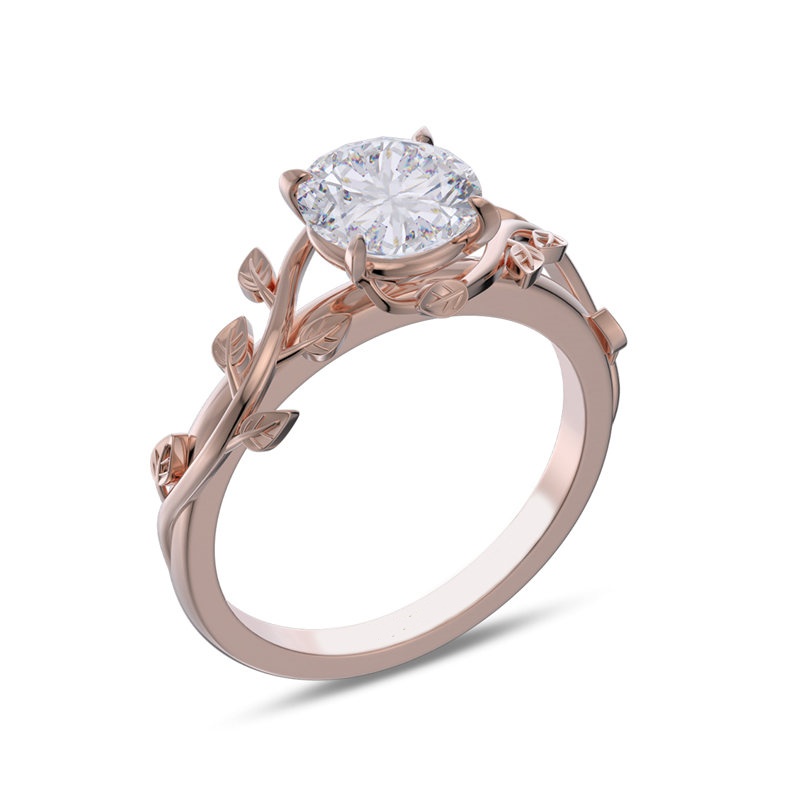 Round Cut Diamond White 925 Sterling Silver Leaves Engagement Ring