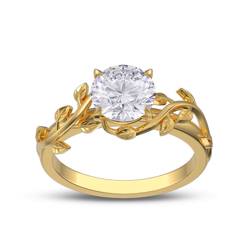 Round Cut Diamond White 925 Sterling Silver Leaves Engagement Ring